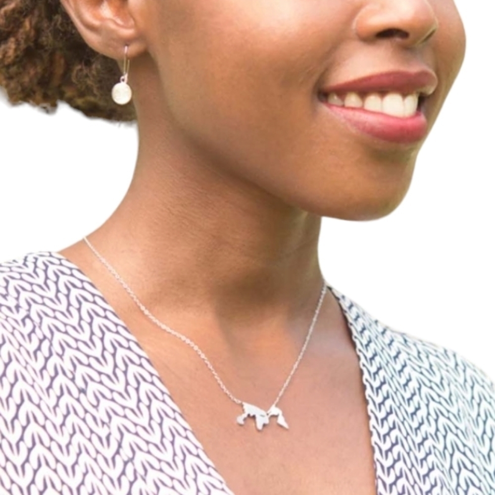 World Map USA Europe Continents Borders Countries Silver Necklace - OS